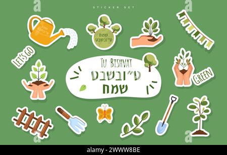 Tu Bishvat Grußaufkleber Vektor-Illustration. Süßes Doodle des jüdischen Feiertags. Neujahr für Bäume. Stock Vektor