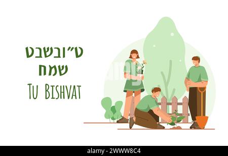 Übersetzung : Happy Tu Bishvat. Jugendcharakter, der Baum auf Tu Bishvat Tag Vektor Illustration pflanzt. Jüdischer Feiertag, Neujahr für Bäume Stock Vektor