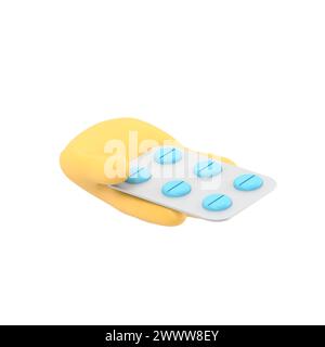 3D-Rendering. Symbol für eine Packung Pillen. Arzt oder Apotheker Cartoon Hand mit schwarzer Haut, die Medikamente hält. Medical Healthcare Illustration.3D Rendering auf weiß Stockfoto