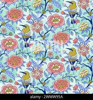 Nahtloses Muster mit bunten, handgezeichneten Blumen- und Vogelmotiven aus Chinoiserie Stock Vektor