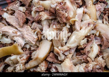 Schweinefleisch, Schmalz, Leber und Schlachtnebenerzeugnisse, gekocht und fein gehackt, Zutaten für Leberwürste, Leberwürste Stockfoto