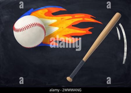 Baseball auf Feuer und Schläger auf Tafel Stockfoto