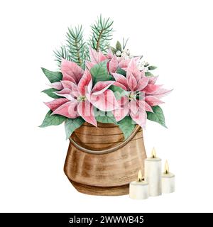 Rosa Weihnachtsblumen im Metalltopf mit brennenden Kerzen und Baumzweigen Aquarellillustration Stockfoto