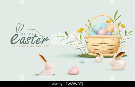 Happy Easter Day Design mit realistischen Eiern und niedlichem Häschen in pastellfarbenem Hintergrund. Banner, Webposter, Flyer-Cover, stilvolle Broschüre, Grußwagen Stock Vektor