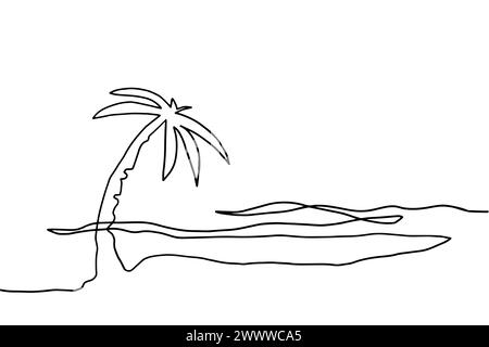 Durchgehende Linie Küste mit Palme, einzeilige Skizze, isoliert auf weißem Hintergrund. Eine durchgehende Linienzeichnung Stock Vektor