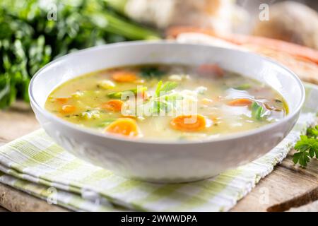 Frühlingsgemüsesuppe mit gehacktem und geriebenem Wurzelgemüse, abgeschmeckt mit Hefe. Gesundes vegetarisches Gemüse. Stockfoto