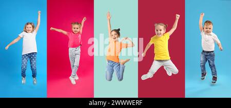 Gruppe von Kindern, die auf farbigen Hintergründen springen, eine Reihe von Fotos Stockfoto