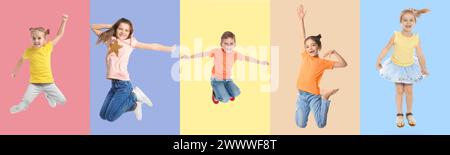 Gruppe von Kindern, die auf farbigen Hintergründen springen, eine Reihe von Fotos Stockfoto