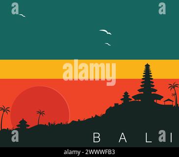 Wunderschöne Landschaft Von Bali Island Vektor Illustration Design, Bali Tempel Silhouette In Indonesien, Landschaft Von Bali Insel, Sonnenuntergang Silhoutte Tropisch Stock Vektor