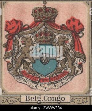Seltene antike Lithographie aus der Mitte des 19. Jahrhunderts (1850er-1860er Jahre) über das Wappen des belgisch-Kongo in deutscher Sprache / antike Lithographie wappen von Belg. Kongo ( Belgien Kongo, jetzt Kongo ) Stockfoto