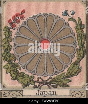 Seltene antike Lithographie aus der Mitte des 19. Jahrhunderts (1850er-1860er Jahre) über das Wappen Japans in deutscher Sprache / antike Lithographie wappen von Japan Stockfoto