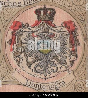 Seltene antike Lithographie aus der Mitte des 19. Jahrhunderts (1850er-1860er Jahre) über das Wappen Montenegros in deutscher Sprache / antike Lithographie wappen von Montenegro Stockfoto