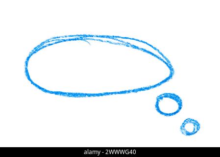 Ein Foto einer Zeichnung einer Gedankenblase mit einem Kreismuster auf weißem Hintergrund. Stockfoto