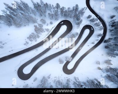 Winter in den Bergen: Senkrechter Blick auf eine Bergstraße, die Schleifen bildet. Schneebedeckte Bäume und Umgebung. Italien, Dolomiten, Passo Rolle. Stockfoto