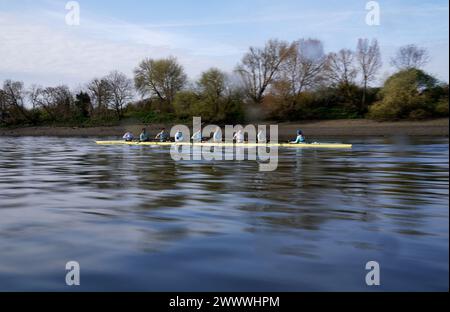 Das Cambridge-Männerteam während eines Trainings auf der Themse in London. Bilddatum: Dienstag, 26. März 2024. Stockfoto