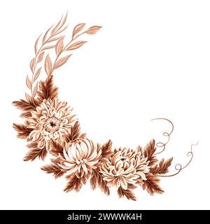 Chrysanthemenblüten mit Knospen und Blättern in Aquarellfarbe. Vintage monochrome Komposition, isoliert auf weißem Hintergrund. Handgezeichnete Illustration braun Stockfoto