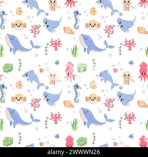 Nahtloses Sommermuster, Meereswelt, Fugu-Fische, Stachelrochen, Tintenfisch, Seepferd und Wal, Kindervektor. Stock Vektor