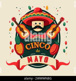 Cinco de Mayo bedeutet 5 Mei, ein Festival in Mexiko. Ein Kaktusfigur spielt Gitarre mit Sombrero hat Vektor Illustration Stock Vektor