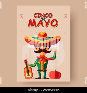 Cinco de Mayo bedeutet 5 Mei, ein Festival in Mexiko. Ein Kaktusfigur spielt Gitarre mit Sombrero hat Vektor Illustration Stock Vektor