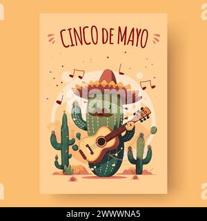 Cinco de Mayo bedeutet 5 Mei, ein Festival in Mexiko. Ein Kaktusfigur spielt Gitarre mit Sombrero hat Vektor Illustration Stock Vektor