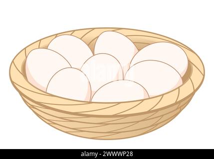 Ei, weiße Hühnereier in einer Korbschale, Farbvektor-Illustration isoliert auf weiß Stock Vektor