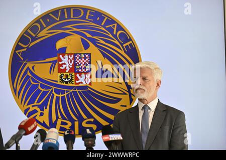 Prag, Tschechische Republik. März 2024. Der tschechische Präsident Petr Pavel während der Pressekonferenz nach seinem Besuch im Hauptquartier des Sicherheitsinformationsdienstes (bis) in Prag, Tschechische Republik, 26. März 2024. Quelle: Michal Kamaryt/CTK Photo/Alamy Live News Stockfoto