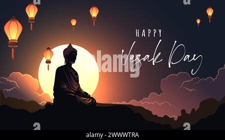 Vesak Day Creative Konzept für Karte oder Banner. Der Vesak-Tag ist ein heiliger Tag für Buddhisten. Happy Buddha Day mit Siddhartha Gautama Statue Design Vektor Il Stock Vektor