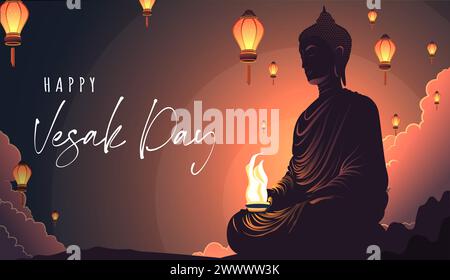 Vesak Day Creative Konzept für Karte oder Banner. Der Vesak-Tag ist ein heiliger Tag für Buddhisten. Happy Buddha Day mit Siddhartha Gautama Statue Design Vektor Il Stock Vektor