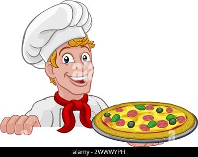 Koch Pizza Koch Cartoon Mann Guckt Über Schild Stock Vektor