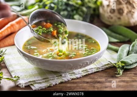 Gesunde Gemüsesuppe aus frischem Frühlingsgemüse. Heiße Suppe mit einer Kelle auffüllen. Stockfoto