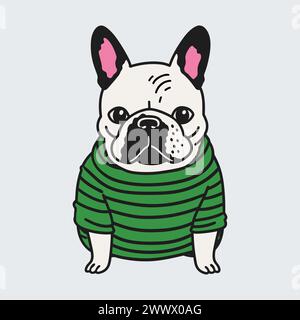 Cartoon französischer Bulldogge mit gestreiftem grünem Hemd. Niedlicher sitzender Hund isoliert auf weißem Hintergrund. Vektorabbildung. Stock Vektor