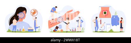 Nahrungsmittelallergie-Set. Winzige Leute mit Lupenforschung allergische Reaktion auf Hand Allergietest, Hautausschlag Symptome, Magenprobleme aufgrund von Meeresfrüchteunverträglichkeit Cartoon Vektor Illustration Stock Vektor