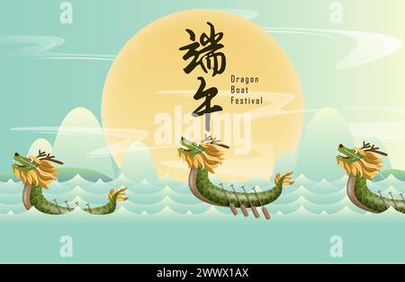 Übersetzung: Happy Dragon Boat Festival. Drachenboot im Fluss für Ruderwettbewerb. Banner für das Duanwu Festival im 3D-Stil. Stock Vektor