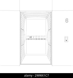 Öffnen Sie das Drahtmodell des Aufzugs im Inneren isoliert, das Drahtmodell des Vektors öffnet die Türen des Aufzugs. Vektorgrafik der Vordertür. Fahrstuhl Leer Tür Öffnen. 3D. Stock Vektor