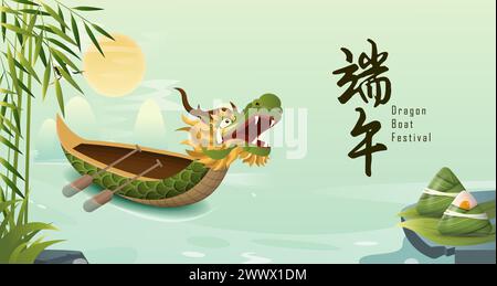 Übersetzung: Happy Dragon Boat Festival. Drachenboot im Fluss für Ruderwettbewerb. Banner für das Duanwu Festival im 3D-Stil. Stock Vektor