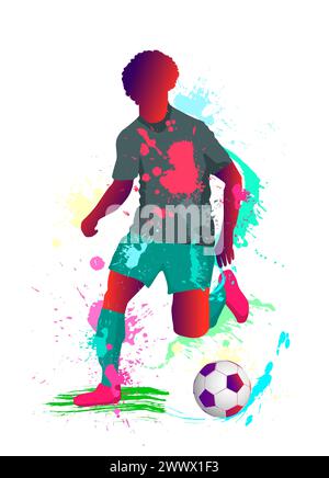 Silhouette eines Fußballspielers mit einem Ball im Grunge-Stil, mit der Einführung verschiedener Texturen in Form von Spritzern, Flecken, Blots. Stock Vektor