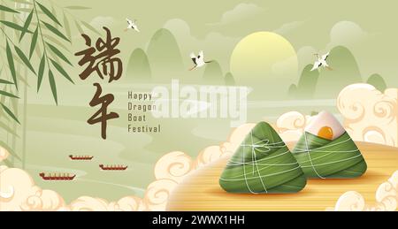 Übersetzung: Happy Dragon Boat Festival. Drachenboot im Fluss für Ruderwettbewerb. Banner für das Duanwu Festival im 3D-Stil. Stock Vektor