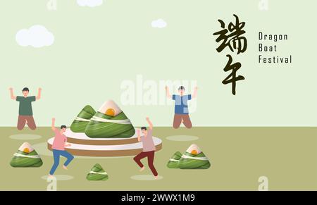 Übersetzung: Happy Dragon Boat Festival. Drachenboot im Fluss für Ruderwettbewerb. Banner für das Duanwu Festival im 3D-Stil. Stock Vektor