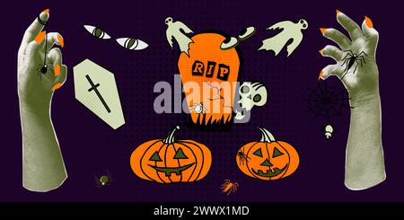 Collage-Elemente Handpalme, Kürbis, Augen, Geister, Gräber, Särge. Halloween-Halbton-Zombie-Hände. Dekorationsbanner für Veranstaltungen im Oktober 31. Trendig Stock Vektor