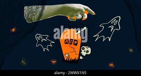 Collage-Elemente Handpalme, Kürbis, Augen, Geister, Gräber, Särge. Halloween-Halbton-Zombie-Hände. Dekorationsbanner für Veranstaltungen im Oktober 31. Trendig Stock Vektor