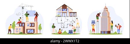 Bau und Renovierung des Hauses, Installation eines unterirdischen Wasserversorgungssystems. Winzige Leute arbeiten mit Bauprojekten, Ingenieure modellieren Infrastruktur Cartoon Vektor Illustration Stock Vektor