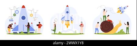 Teamvorbereitung und Projektstart, Förderung der Idee und des Produktsets. Winzige Leute starten eine schnelle Startup-Rakete in den Himmel, geschäftliche Konkurrenz von fliegenden Raumschiffen und Schnecken-Cartoon-Vektor-Illustration Stock Vektor