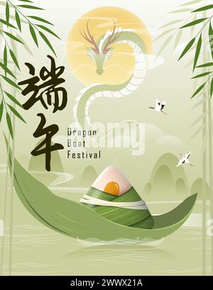 Übersetzung: Happy Dragon Boat Festival. Drachenboot im Fluss für Ruderwettbewerb. Banner für das Duanwu Festival im 3D-Stil. Stock Vektor