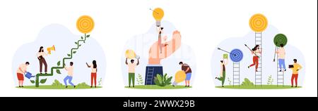 Karriereleiter für Erfolg und Chance für Manager festgelegt. Winzige Leute erreichen das Ziel und klettern Treppen, wachsen Treppe zum Ziel, Führer Hand hält Frau mit Glühbirne Cartoon Vektor Illustration Stock Vektor