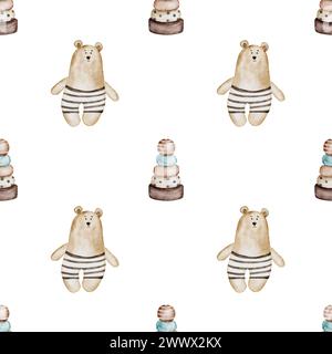 Babymuster mit Retro-Spielzeug. Aquarell-Ornament mit Vintage-Bär und Holzpyramide. In Pastellfarben auf weißem Hintergrund. Babydesign für Stockfoto