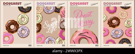 Set aus Donut-Poster im Retro-Stil. Stock Vektor