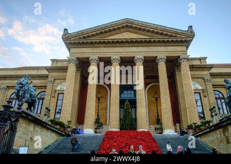 Die große berühmte Treppe der Opernhäuser Teatro Massimo von Palermo an der Piazza Giuseppe Verdi ist zur Weihnachtszeit mit Weihnachtsstern Euphorbia pulcherrima, auch Adventsstern, Christstern oder Poinsettie genannt, geschmückt. Palermo, Sizilien, Italien. Am Opernhaus in Palermo *** die große, berühmte Treppe des Teatro Massimo Opernhauses in Palermo auf der Piazza Giuseppe Verdi ist mit Weihnachtsstern Euphorbia pulcherrima, auch bekannt als Adventsstern, Weihnachtsstern oder Weihnachtsstern, zu Weihnachten in Palermo, Sizilien, Italien an der Oper in Palermo dekoriert Stockfoto