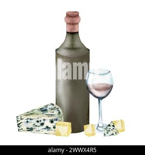 Käse Brie und Stücke mit Rotweinflasche, Glas Illustration, Schnittkäse Komposition mit Getränk für Menü, Restaurant, Käseplatte Design Stockfoto