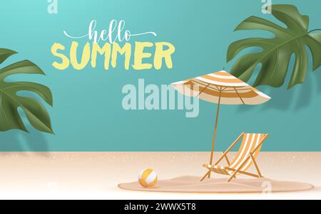 3D realistisches Sommerfahnendesign mit farbenfrohen Beach Elements Hintergrund. Vektorabbildung. Sommerangebot, Post Template, 3D Tropical E Stock Vektor