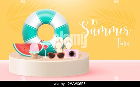 3D realistisches Sommerfahnendesign mit farbenfrohen Beach Elements Hintergrund. Vektorabbildung. Sommerangebot, Post Template, 3D Tropical E Stock Vektor
